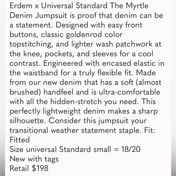 NWT ERDEM X UNIVERSAL STANDARD Myrtle Denim Jumpsuit - Picture 7 of 7